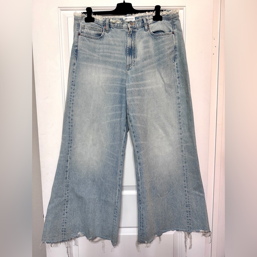 Zara Y2K oversize flood jeans with frayed waist size 14
